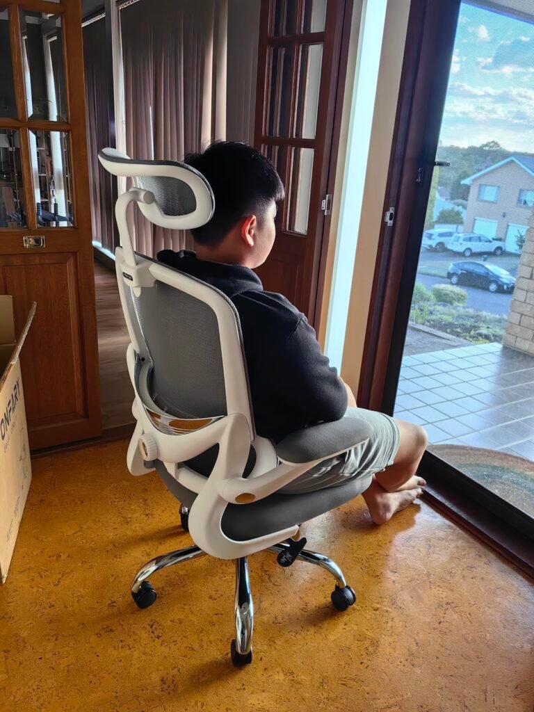 view of unboxed tonfary home office ergonomic chair australia under $300 tried and tested for several week unboxing purchased package arrival at home testing experience